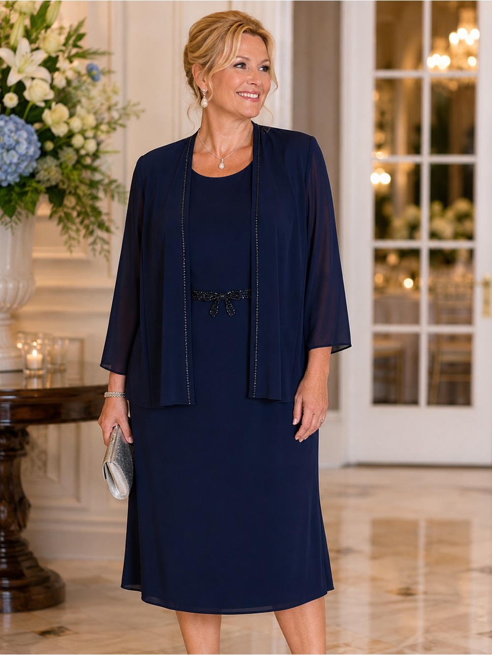 Florentine Soiree Navy Mother of Bride Dress Set Beaded Plus Size 20 Tall